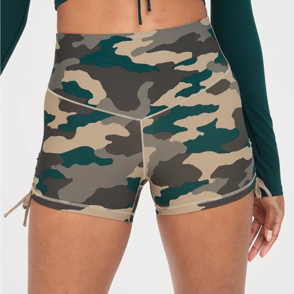 Aerie OFFLINE Real Me High Waisted Ruched Tie 3" Bike Short, Camo print
